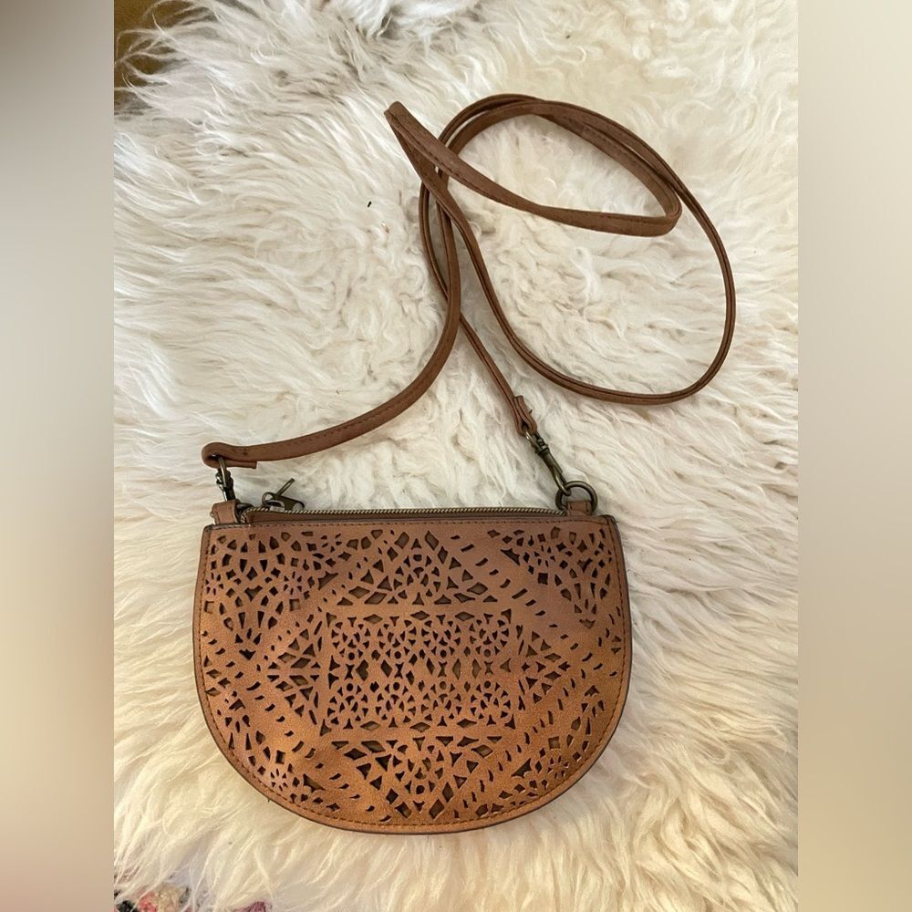 Brown Laser Cut Faux Leather Mini Crossbody Bag